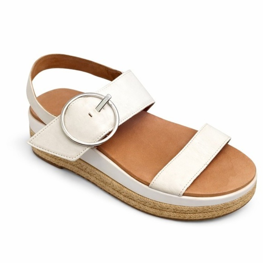 UGG Kari White Leather Platform Espadrille Slingback‎ Sandals Silver Buckle SZ 9